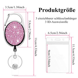 Retractable Key Ring with ID Card Holder, 3 Pieces Lanyard Extendable with ID Card Holder, Retractable Key Roll with Bling Rhinestone, for Teacher Doctor Nurse