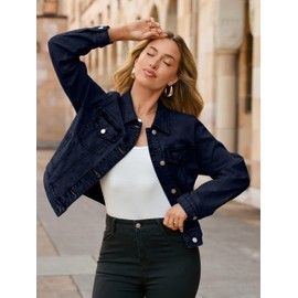 Glamaker Jean Jacket Women 2025 Long Sleeve Vintage Western Button Down Jean Shacket Trendy Autumn Outfits with Pockets (Denim Navy XL)