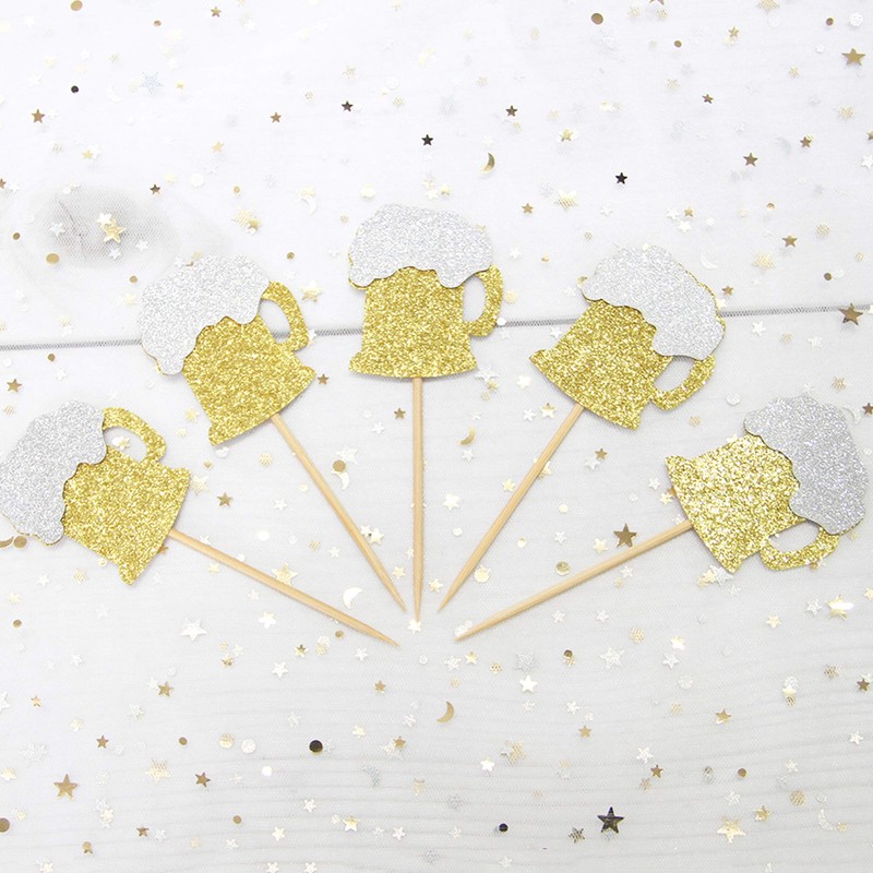 24 PCS Gold Glitter Beer Mug Cupcake Toppers Food Cake