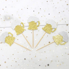 24 PCS Gold Glitter Beer Mug Cupcake Toppers Food Cake Picks Party Decor