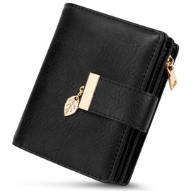 WACCET Women's Small Purse RFID Blocking PU Leather Large Capacity Purse Women's with 14 Card Slots and Zip Coin Compartment Small Purse Women, Vintage Black, Retro