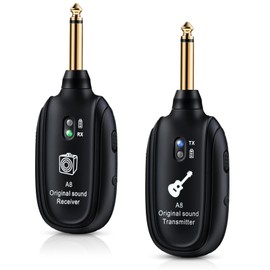 A8 Wireless Guitar Transmitter Receiver System, 2.4GHz Rechargeable, 24-bit/48KHz Audio, Low Latency <4ms for Electric Guitar & Bass, Wireless Audio Transmitter & Receiver (A8(1TX+1RX))