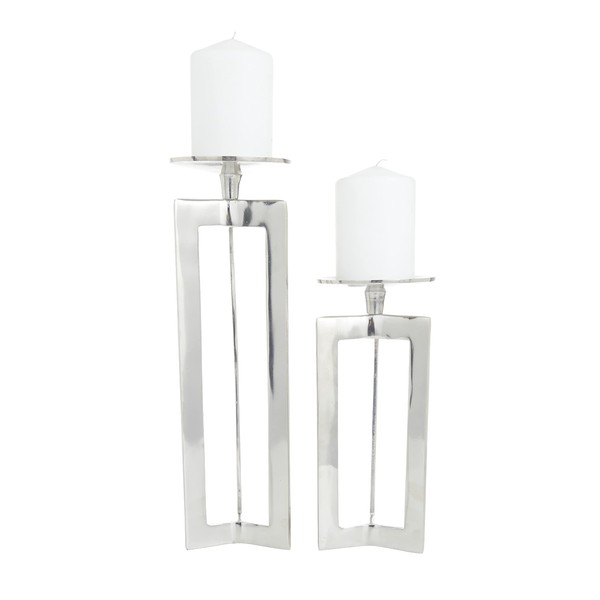 CosmoLiving by Cosmopolitan Aluminum Geometric Pillar Candle Holder, Set of 2 10", 14"H, Silver