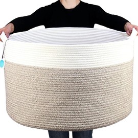 XXXLarge Cotton Rope Basket for Living Room - Woven Storage Basket with Handle for Blankets, Towels and Pillows Laundry Hamper (21" x 21" x 13.8") - Color: cream white and brown