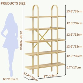 Kogven Wide Bookshelf Arched Bookcase, Industrial 5 Tier 72" Tall Freestanding Heavy Duty Display Rack for Home Office, Living Room,Nature Wood & Gold,Easy Assembly