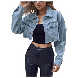 WDIRARA Women's Button Front Drop Shoulder Crop Denim Jackets Collar Long Sleeve Jean Jacket with Pockets Light Wash Medium