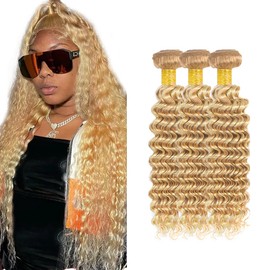 P27/613 Human Hair Bundles - Blonde Deep Wave Bundles, 30 30 30 inch #27 and #613 Deep Curly Hair