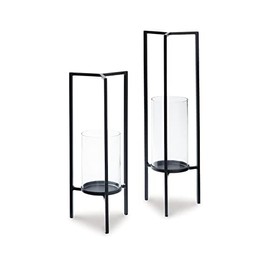 Signature Design by Ashley Ginette Contemporary Metal 2 Piece Candle Holder Set with Hurricane Glass, Black