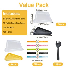 JIABEIUS 100 Pack Cake Slice Containers with Lids, Plastic Pie Container Mini Cheesecake Box, Individual Clear Triangle Cake Pans with Sticker and Fork for Pies, Tiramisu, Mousse, Dessert (Black and Gold)