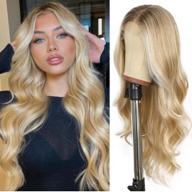 HD Lace Front Wig Human Hair Blend Highlights  Wavy Curly Platinum Ash blonde