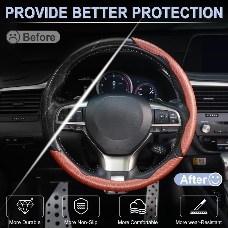 Amiss 3pcs Carbon Fiber Anti-Skid Steering Wheel Cover, Waterproof &