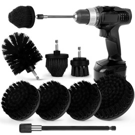 Drill Brush Attachment Set, 7 Pack 1/4in Power Scrubber Brush + Extend Long Rod, Brush Drill Attachment, Power Cleaning Scrub Brush for Bathroom, Tub, Tile, Corner, Floor（Black）