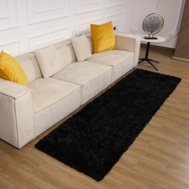 Oxford Homeware Rugs Living Room– Fluffy Black Area Rugs for Bedroom, Hallway Runner Rug 60 x 220 cm Anti Slip – Modern Super Soft Rug Washable Floor Carpets
