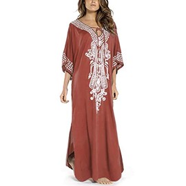 YouKD Summer Cotton Embroidered Floral Loose Caftan Boho Beach Bikini Cover Up Dress Plus Size Robe for Women