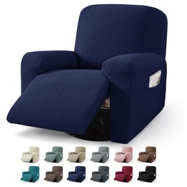 JIVINER 3 Piece Recliner Chair Cover Stretch Lazy Boy Non Slip Covers for Recliner with Pockets Soft Jacquard Reclining Sofa Slipcovers Furniture Protector with Elastic Bottom (1 Seater, Navy Blue)
