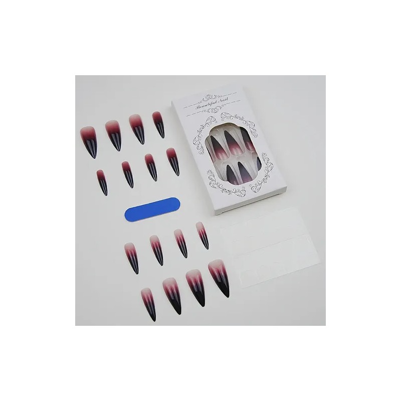 24 Pcs Postizas Largas Punta Afilada Degradado Negro Y Rojo