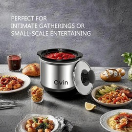 0.65-qt Mini Slow Cooker, Fondue Melting Pot Warmer with Diswasher-safe Stoneware Crock, Sauce, Stews & Dips, Glass Lid, Stainless Steel and black,Round