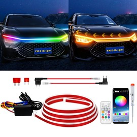 YM E-Bright RGB Hood Light Strip with Sequential Turn Signal Indicator Function Waterproof Multicolor Dynamic Scan Start Up Hoodbeam Kit for Cars,Truck,Suv,with APP Control,12V 79inch/2M (1Set)