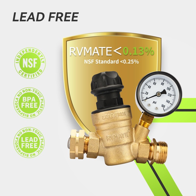 RVMATE RV Water Pressure Regulator with Adjustable Knob, Brass Lead-Free