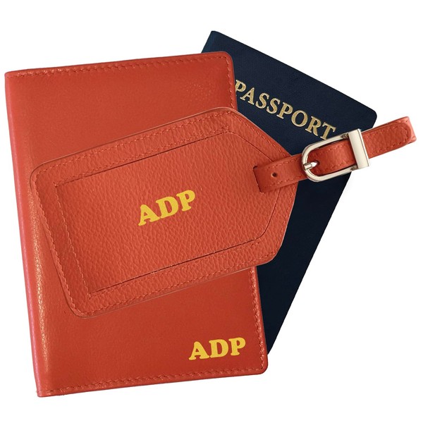 Personalized Monogrammed Orange Leather RFID Passport Wallet and Luggage Tag