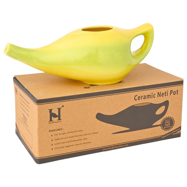 HealthGoodsIn Ceramic Neti Pot, Nose Cleaner for Sinus, Dishwasher Safe 225 Ml. Capacity - Green and Yellow