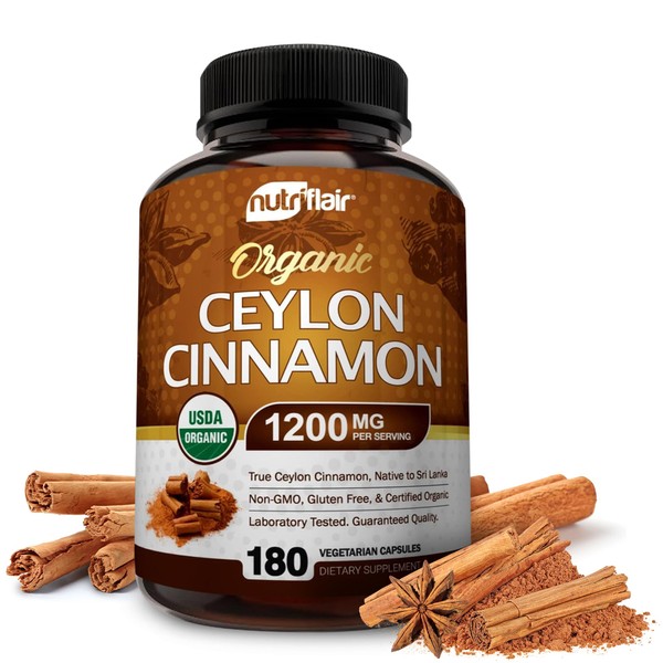 NutriFlair Organic Ceylon Cinnamon (100% Certified Organic Ceylon Cinnamon) 1200mg per Serving, 180 Capsules - Joints, Inflammatory, Antioxidant, Glucose Metabolism Support- 180 Count (Pack of 1)