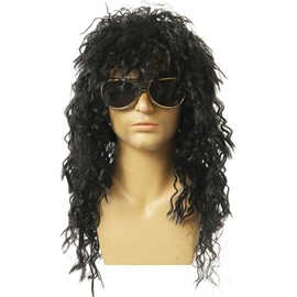 YuanYouTong Long Black Curly Wavy 70s 80s Rock Star Costume Wig, Heavy Metal Disco Wig for Men and Women, Punk Rocker Costume Wig, Fancy Dress Wig, Glam Hard Rockstar Mullet Wig