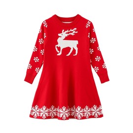 SMILING PINKER Little Girls Christmas Dress Reindeer Snowflake Xmas Gifts Winter Knit Sweater Dresses (6-7 Years, red)