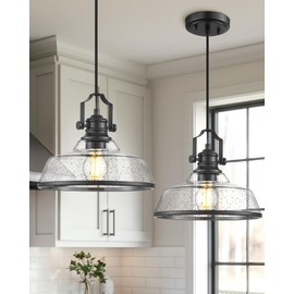 kudos Seeded Glass Pendant Light Kitchen Island, Adjustable Cord, Black Farmhouse Kitchen Light Fixture,KDPL13-BK-S