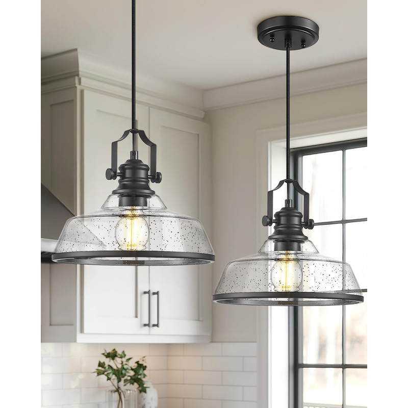 kudos Seeded Glass Pendant Light Kitchen Island, Adjustable Cord, Black