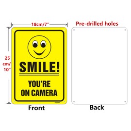Smile You're On Camera Signs 250mmX180mm Video Surveillance Sign, Warning for CCTV Monitoring System Sign Reflective Aluminum Anti UV Protected Metal Sign Waterproof Durable Easy to Install 2 pack