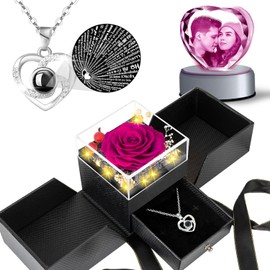 Preserved Real Rose Flowers with I Love You Necklace, Customizable 3D Crystal Photos, Romantic Gifts for Women Mom Wife on Anniversary Christmas Valentines Mothers Day (Purple, Heart Crystal)