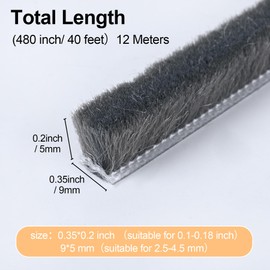 Self-Adhesive 40Ft Brush Weather Stripping for Sliding Windows and Door Frames, Weather Stripping Window Seal Soundproofing Windproof Dustproof 0.35" Wide x 0.2" Thick, Gray