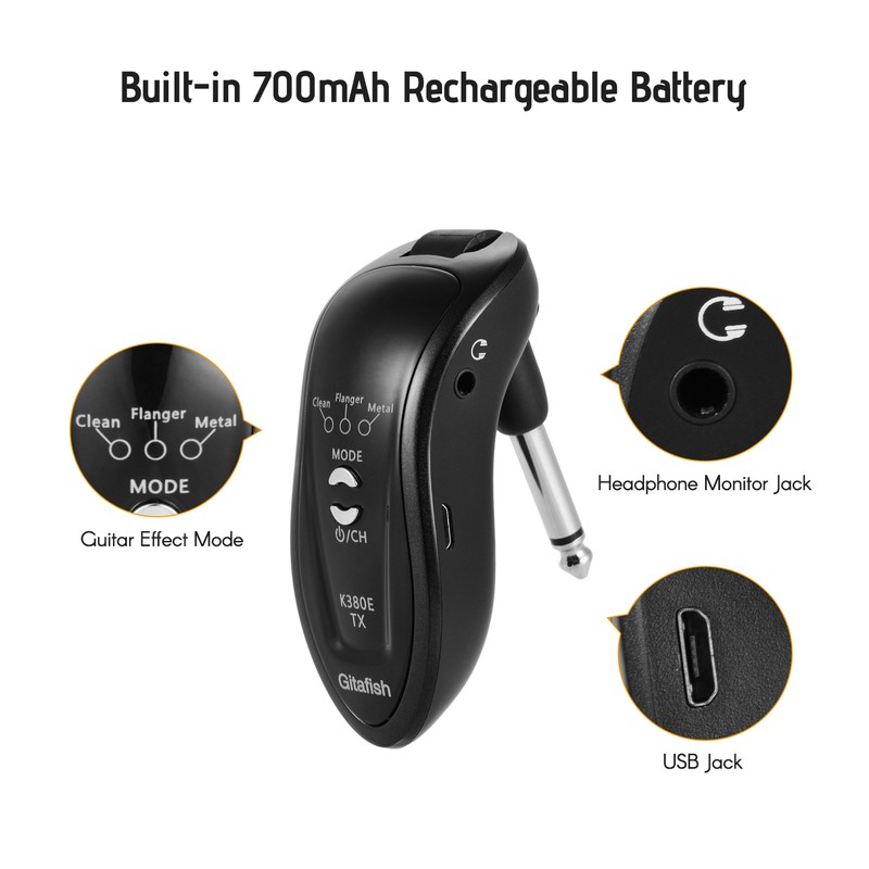 2.4G Wireless Guitar System Transmitter Receiver Built-in Rechargeable Battery 15-20m