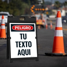Sigo Signs, Custom Danger Folding Floor Spanish Sign, Sandwich Board/A Frame Sign Kit With Two Panel Sign, 18x24 Inches, With A Frame Stand, Made in USA