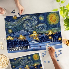 Lantern Press 1000 Piece Jigsaw Puzzle, Connecticut, Starry Night, Ski