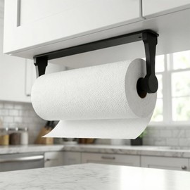 Paper Towel Holder - Self-Adhesive or Drilling, Black, Wall Mounted, Kitchen Roll Dispenser Under Cabinet or Inside Cabinet