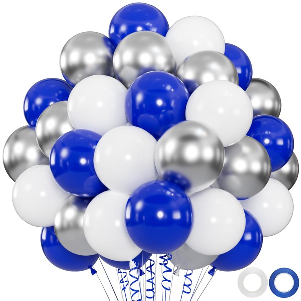 60pcs Blue White Silver Balloons, 12 Inch Royal Blue Metallic