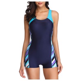 sand's coast - Traje de baño deportivo de una pieza con pantalones cortos, traje de baño deportivo con espalda cruzada para adolescentes y niñas, Azul, X-Large