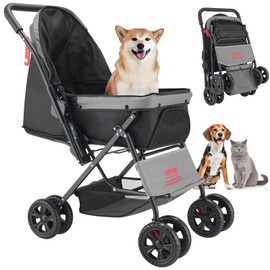 VEVOR Pet Stroller, 44 lbs Weight Capacity, Foldable Dog Cart, 4 Wheels Cats Stroller with Mesh Windows & Revrsible Handle, Portable Pet Carrier with Brake, for Small to Medium Pets