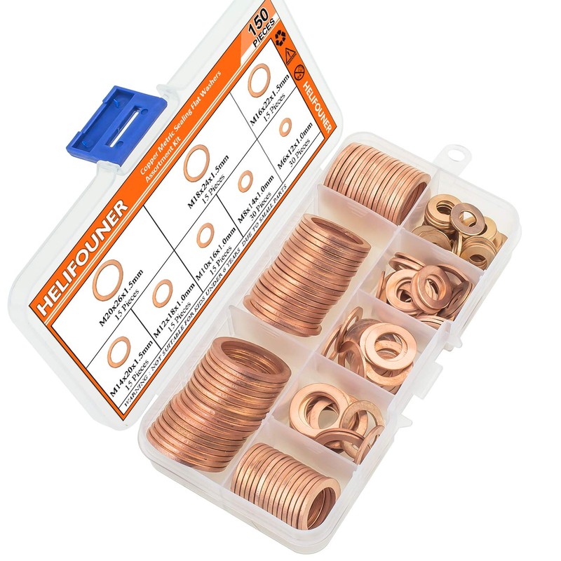 HELIFOUNER Copper Washers, 150PCS 8 Sizes Copper Metric Sealing Washers