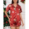 MyFav Womens Christmas Print Pyjamas Set Contrast Piping Satin Silk