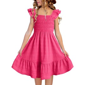 DOKOTOO KIDS Girls Ruffle Sleeve Dresses Summer Casual Smocked A-Line Swing Dress Graduation Dress for Girls Rose Red 14-15 Years