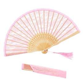GeGeYa Silk Lace Folding Fan,Carved Bamboo Ribs Hand Fan Foldable with Tassel and Pouch,Chinese Fan for Bridal Accessory,Wedding Guest,Bridesmaid Gift,Party,Dancing,Decoration (Pink)