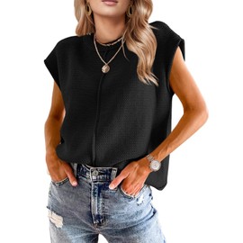 Womens Summer Cap Sleeve Tops 2025 Trendy Loose Knit Sweater Vests Cute Shirts Outfits Spring Fall Casual Tops Black