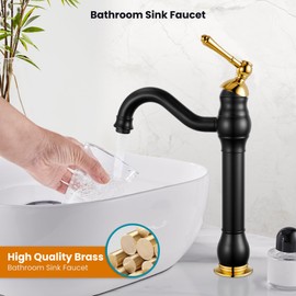 gotonovo Vessel Sink Faucet 360° Swivel Spout Single Handle Tall Bathroom Faucet 1 Hole Farmhouse Lavatory Washbasin Mixer Tap Matching Supply Hoses, with Pop Up Drain, Matte Black & Polish Gold