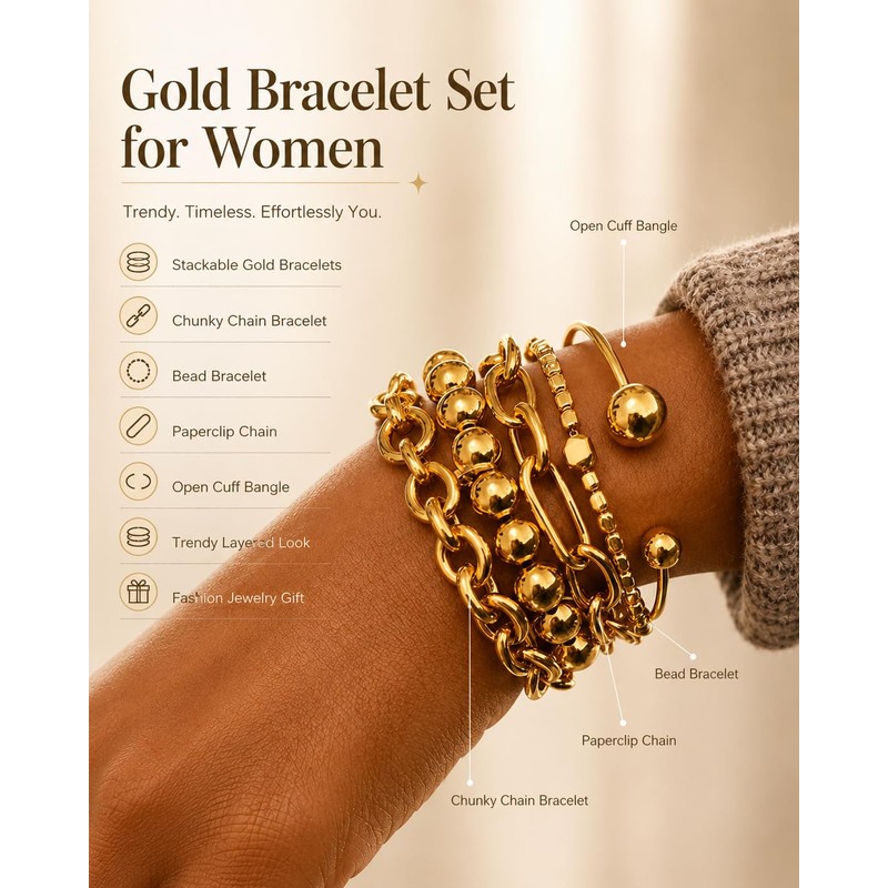 Shall Shell Gold Bracelets Set for Women, 5 Pcs Gold