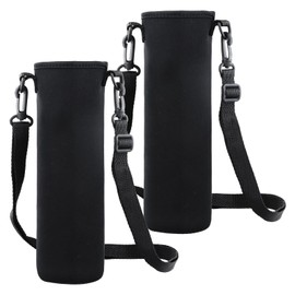 Anseom Pack of 2 Water Bottle Covers, 8 x 25 cm, 1500 ml Bottle Holder Bag with Adjustable Shoulder Strap, Thermal Holder Bag, Scald-Proof Case for Hiking, Running, Walking, Trekking (Black), black