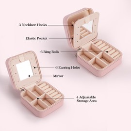 SEFORICO Travel Jewelry Case - Jewelry Organizer Box Small Jewelry Travel Case, Jewelry Boxes for Women Travel Mini Jewelry Case Storage Box for Rings Earrings Necklaces, Gifts for Women (Pink V)