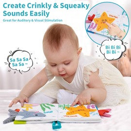 Rayouth Baby Toys 6-12 Months, Soft Touch Feel Crinkle Book, Infant Sensory Toys for Stroller, Car Seats, Tummy Time, Newborns Squeaky Montessori Learning Toy for Girls and Boys, Baby Shower Gifts